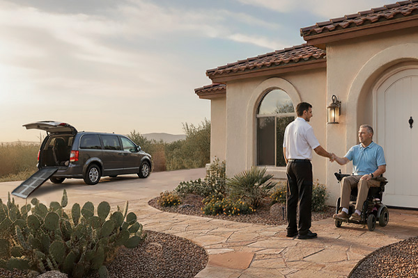 Driver Greeting Wheelchair Client at home in Phoenix AZ Driver Greeting Wheelchair Client at home in Phoenix AZ